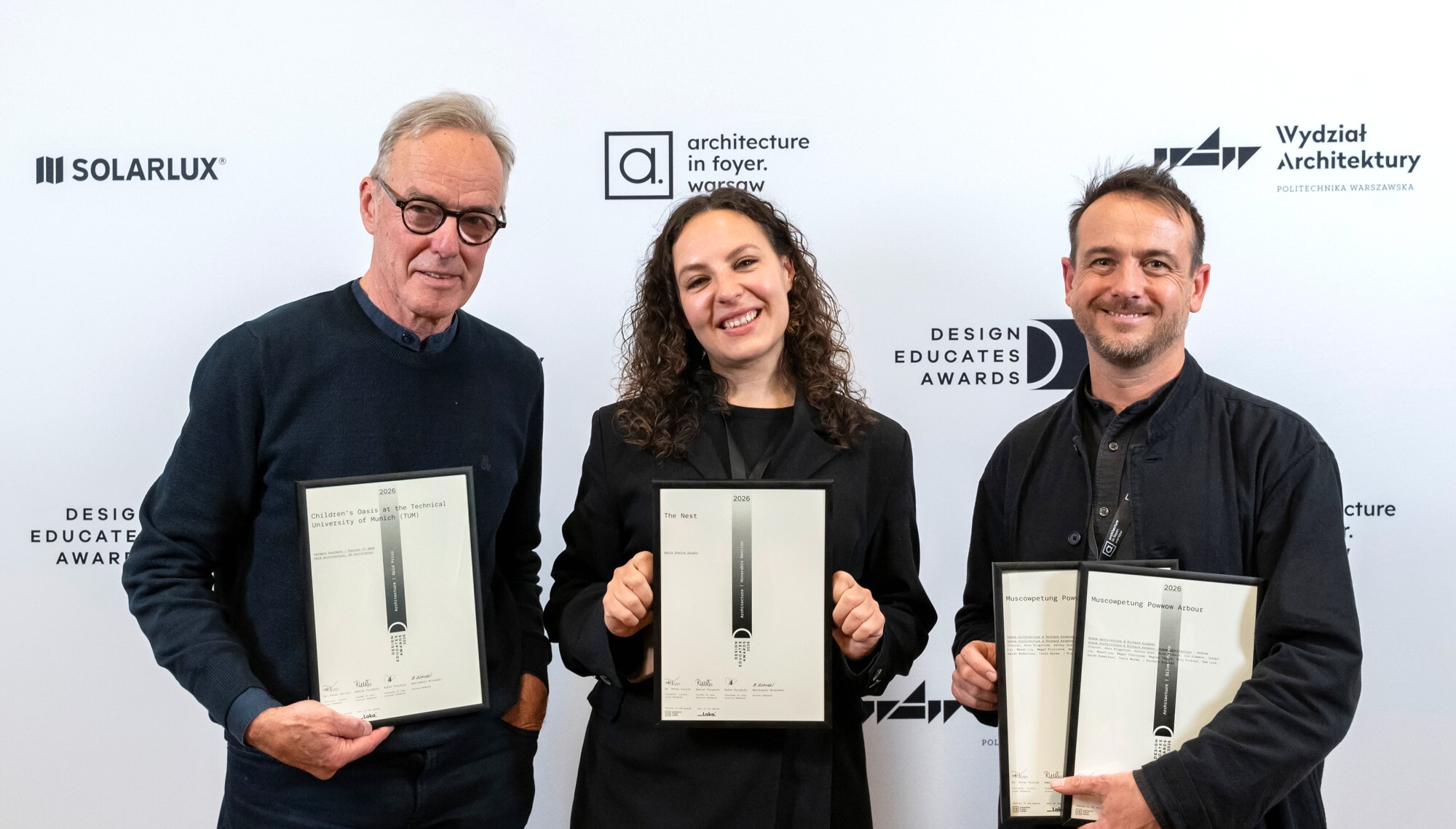 Children’s Oasis at TUM, The Nest and Muscowpetung Powwow Arbour — three laureates with their certificates